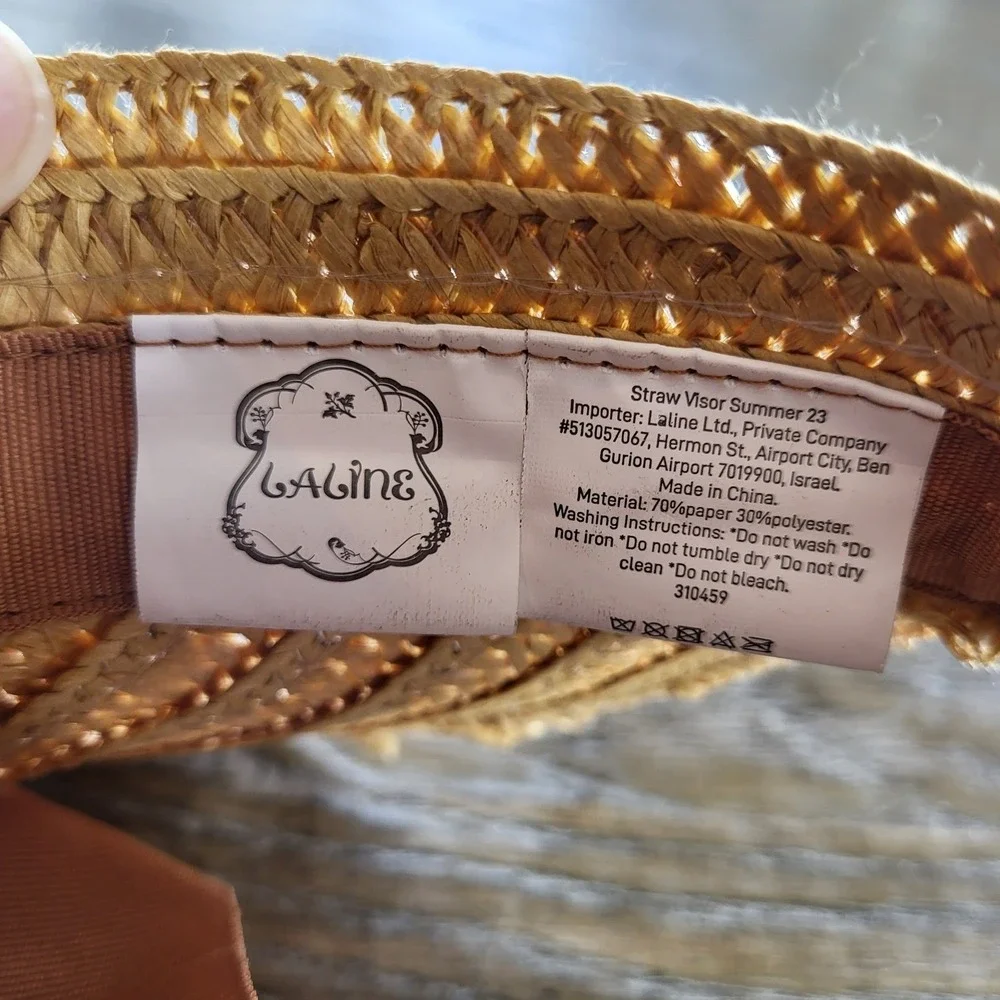 Laline Straw Visor Summer 23 Tan Woven Sun Hat with Ribbon Tie New With Tags